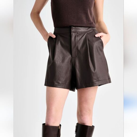 Anthropologie Avec Les Filles Faux Leather Pleated High Rise Shorts in Brown - Picture 1 of 13